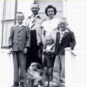 Donald, Petrus, Lillian, Wendell and Gary with their dog; Shorty. Nora, SK 1946